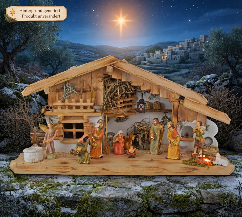 Wundervolle Weihnachtskrippe Altdorf inkl. 12-tlg. Krippenfiguren Set K 650-9, Maße: ca. 50 x 20 x 24 cm